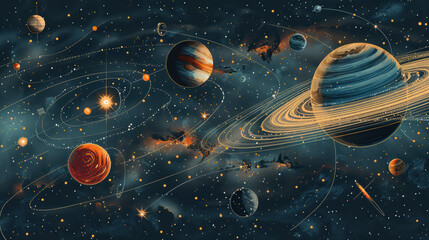 Colorful illustration of the solar system showing planets orbiting around the sun