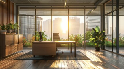 Fototapeta premium Energyefficient glazing in a contemporary office, reducing energy consumption, front view, highlighting advanced window technology, advanced tone, vivid