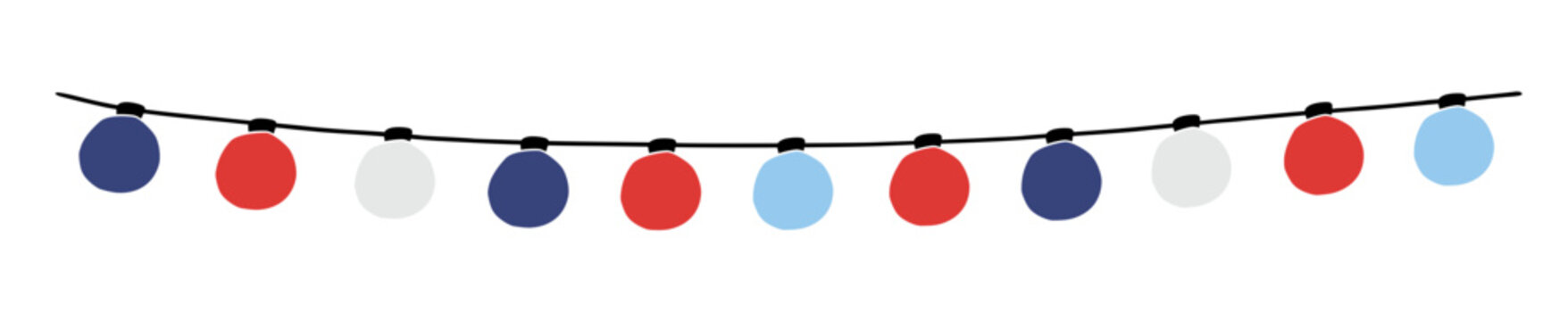 ecorative garland. Colorful red, blue and white light bulbs isolated on background. Vector illustration, web banner. Memorial, labor day. Independence day, 4th July. Birthday, anniversary.