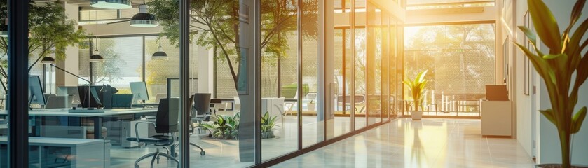 Fototapeta premium Energyefficient glazing in a contemporary office, reducing energy consumption, front view, highlighting advanced window technology, advanced tone, vivid