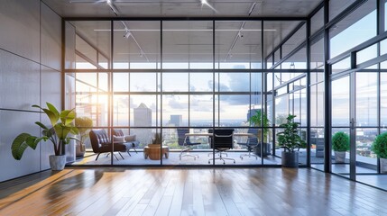 Energyefficient glazing in a contemporary office, reducing energy consumption, front view, highlighting advanced window technology, advanced tone, vivid