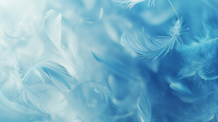 Background with ethereal feathers in blue and white, style with gentle lightness, airy design, minimalist softness, freshness and delicacy