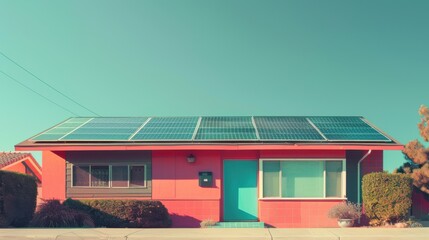 Photovoltaic cells on a suburban house, harnessing solar energy, front view, demonstrating green technology, robotic tone, Analogous Color Scheme