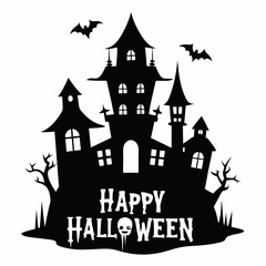 Happy Halloween with a haunted house silhouette vector  illustration 
