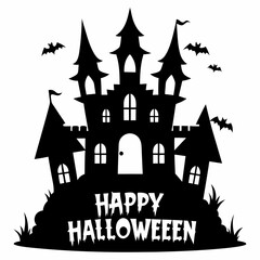 Happy Halloween with a haunted house silhouette vector  illustration 