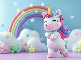 Cute 3d unicorn standing and smiling with rainbow and clouds background