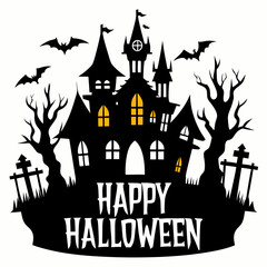 Happy Halloween with a haunted house silhouette vector  illustration 