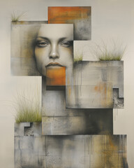 Abstract Neo-Surrealist Art Ethereal Woman's Face Merged with Nature Elements, Featuring Bold Orange Sun and Delicate Grass Strokes , Japanese art for a Contemporary Artistic Statement Wallpaper