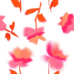 Abstract Digital Hand Painting Watercolor Liquid Tie Dye Loose Flowers and Leaves Seamless Pattern Isolated Background