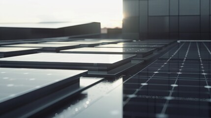 Obraz premium Photovoltaic cells on a sleek rooftop, generating solar power, top view, emphasizing renewable energy solutions, technology tone, Monochromatic Color Scheme