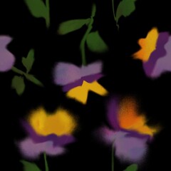 Abstract Digital Hand Painting Watercolor Liquid Tie Dye Loose Flowers and Leaves Seamless Pattern Isolated Background