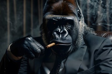 Portrait of gorilla in a suit smoking cigarette