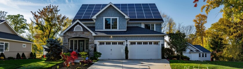 Photovoltaic cells on a suburban house, harnessing solar energy, front view, demonstrating green technology, robotic tone, Analogous Color Scheme