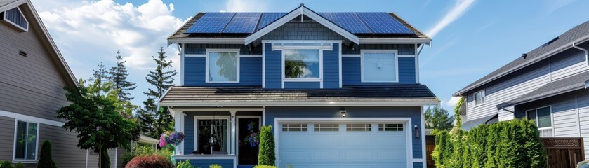 Photovoltaic cells on a suburban house, harnessing solar energy, front view, demonstrating green technology, robotic tone, Analogous Color Scheme