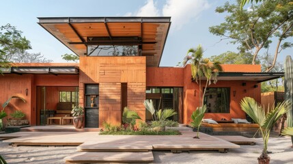Fototapeta premium Rammed earth walls in a rustic home, natural and sustainable construction, front view, highlighting ecofriendly building techniques, cybernetic tone, Triadic Color Scheme
