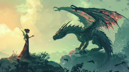 fairy reaching hand out to his dragon standing on the rock, 
