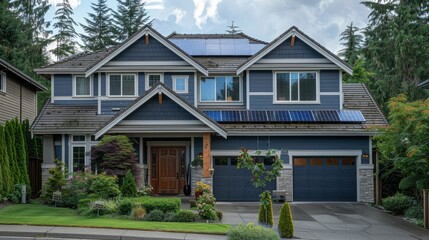 Photovoltaic cells on a suburban house, harnessing solar energy, front view, demonstrating green technology, robotic tone, Analogous Color Scheme