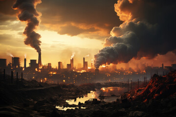 Industrial air pollution at sunset with heavy smoke and devastation