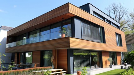 Timber cladding on a modern house, enhancing natural aesthetics, side view, showcasing sustainable materials, scifi tone, Complementary Color Scheme