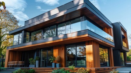 Fototapeta premium Timber cladding on a modern house, enhancing natural aesthetics, side view, showcasing sustainable materials, scifi tone, Complementary Color Scheme
