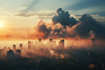 Fototapeta premium Smoke-filled city skyline with air pollution at sunset