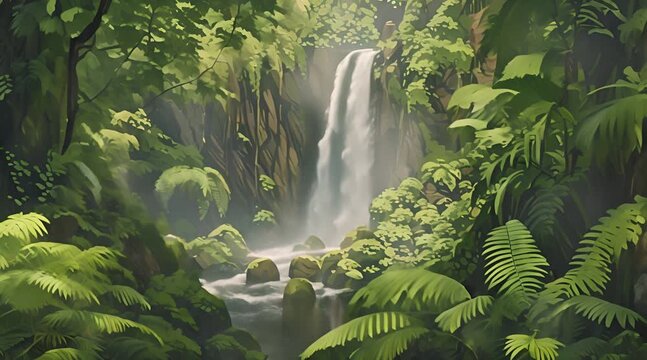green temperate rainforest landscape illustration nature biodiversity, wildlife moss, ferns waterfall green temperate rainforest
