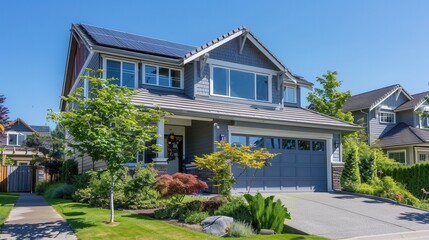 Fototapeta premium Photovoltaic cells on a suburban house, harnessing solar energy, front view, demonstrating green technology, robotic tone, Analogous Color Scheme