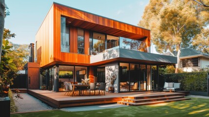 Timber cladding on a modern house, enhancing natural aesthetics, side view, showcasing sustainable materials, scifi tone, Complementary Color Scheme