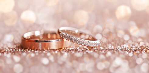 Wedding rings on glittery background