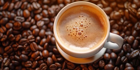 Fototapeta premium Close-up view of a foamy coffee cup surrounded by roasted coffee beans