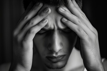Fototapeta premium A close-up in monochrome of a person with hands covering the face, portraying a sense of sadness or distress