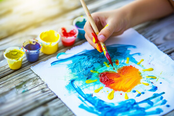 Naklejka premium Brush painting a heart with vibrant colours