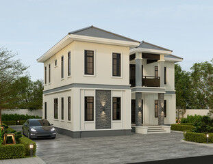 3D illustration, architecture, modern style two-storey house, white, gray roof,rendering with garage and natural scenery background.