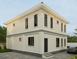 3D illustration, architecture, modern style two-storey house, white, gray roof,rendering with garage and natural scenery background.
