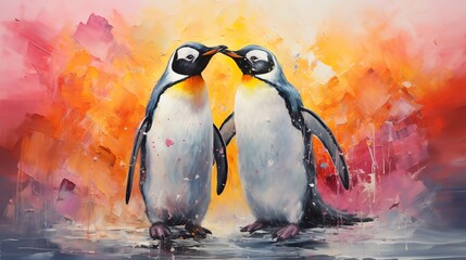 A painting of two penguins kissing with a colorful background.