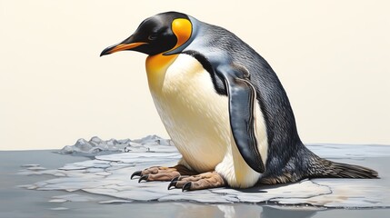 Fototapeta premium A single penguin stands in the water, looking to the side.