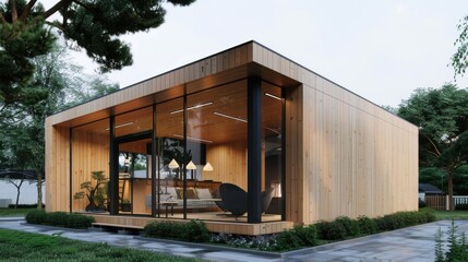 Fototapeta premium Crosslaminated timber structure in a minimalist cabin