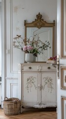 a kitchen with a vintage cabinet, white walls and floor, a basket of flowers on the table, and a mirror above the cabinets.