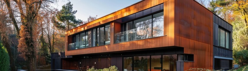 Fototapeta premium Timber cladding on a modern house, enhancing natural aesthetics, side view, showcasing sustainable materials, scifi tone, Complementary Color Scheme