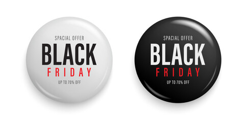 Black Friday promotion sale label discount 70 percent price. Black and white round shiny discount badge. Promotion, price tag design element. Banners design. Vector illustration