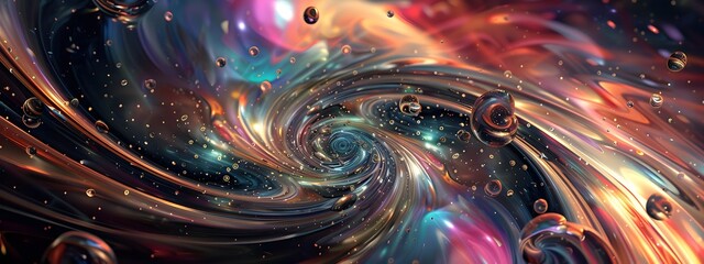 Colorful swirling vortex with bubbles, representing a journey through time and space, vibrant and dynamic