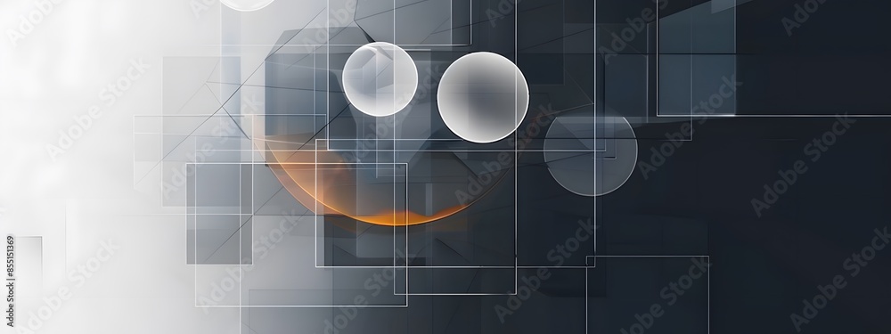 Wall mural abstract 3d translucent circles and geometric shapes, dark background with light accents, simplistic