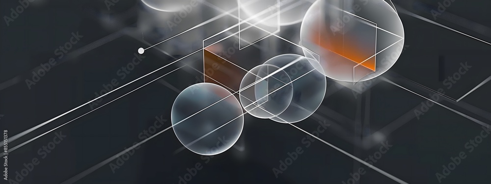 Canvas Prints transparent 3d spheres and geometric shapes on dark background with linear elements, futuristic desi