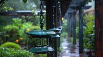 Rain chains for water management in a lush garden, enhancing landscape design, side view, demonstrating sustainable water practices, robotic tone, Analogous Color Scheme