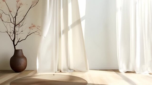 White curtains blowing gently in a room with sunlight