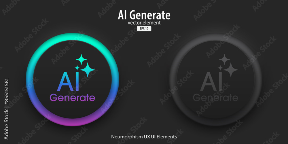 Poster Generative AI buttons. A set of active and inactive black buttons with Generate AI symbols. Artificial intelligence learning technology concept. Neumorphism style, UI UX design, Vector illustration.