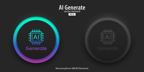 Generative AI buttons. A set of active and inactive black buttons with Generate AI symbols. Artificial intelligence learning technology concept. Neumorphism style, UI UX design, Vector illustration.