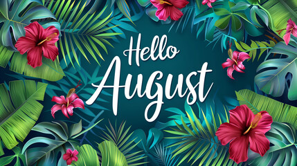Vibrant background with tropical elements on the sides like palm leaves and exotic flowers, the text "Hello August"