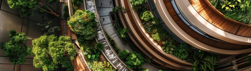Fototapeta premium Biophilic design elements in a residential building, creating a harmonious environment, top view, showcasing natureinspired architecture, futuristic tone, Tetradic color scheme