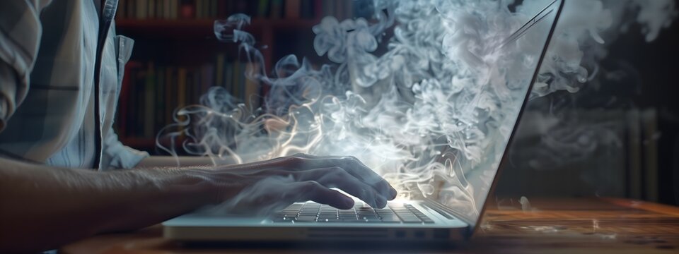 Hands typing on laptop with thick white smoke rising, indicating overheated computer in dramatic setting